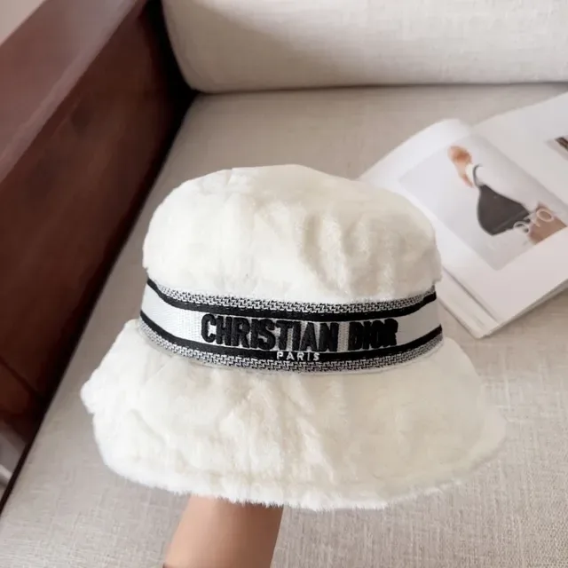 Dior Beige Black Plush Faux-Fur Exterior Woven Logo Band Bucket Hat 9