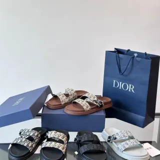 Dior sandales noires et beige à double bride coulissantes en jacquard oblique casual