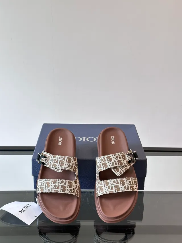 Dior sandales noires et beige à double bride coulissantes en jacquard oblique casual 7