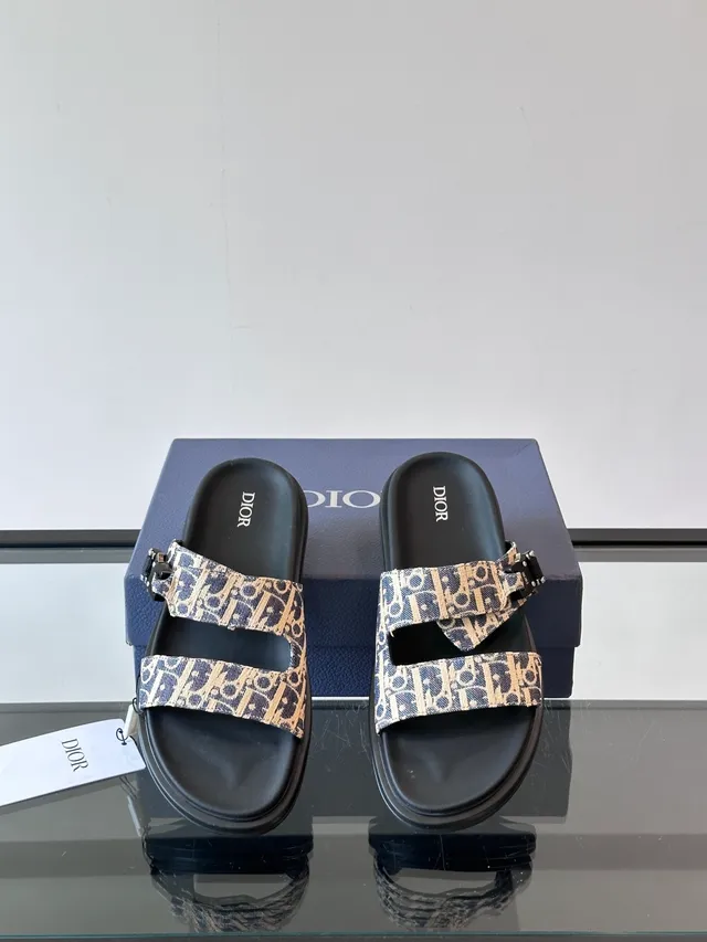 Dior sandales noires et beige à double bride coulissantes en jacquard oblique casual 9