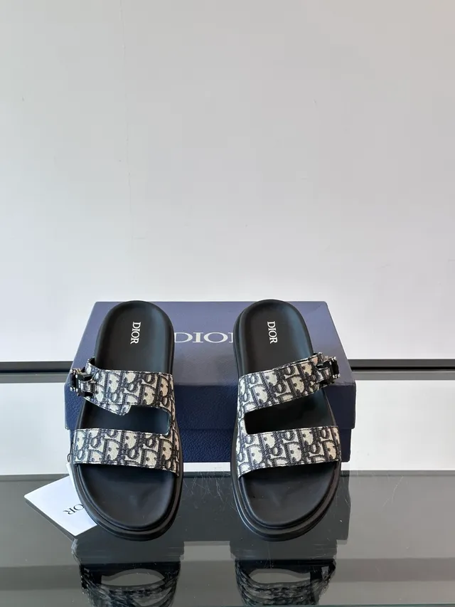 Dior sandales noires et beige à double bride coulissantes en jacquard oblique casual 10