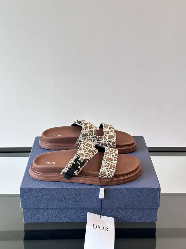 Dior sandales noires et beige à double bride coulissantes en jacquard oblique casual 12