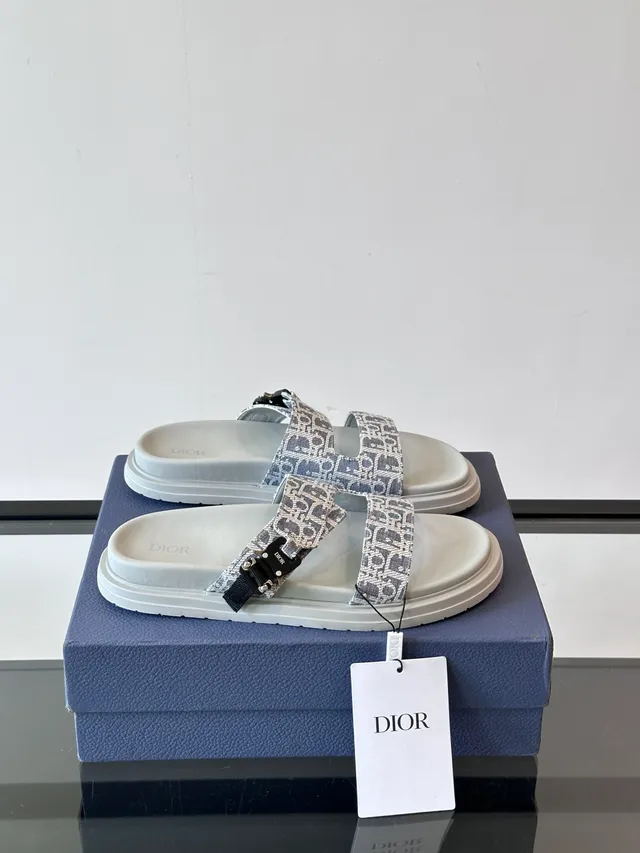 Dior sandales noires et beige à double bride coulissantes en jacquard oblique casual 13