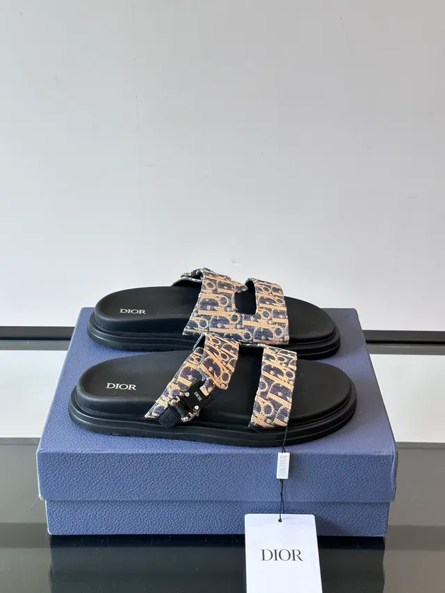 Dior sandales noires et beige à double bride coulissantes en jacquard oblique casual 14