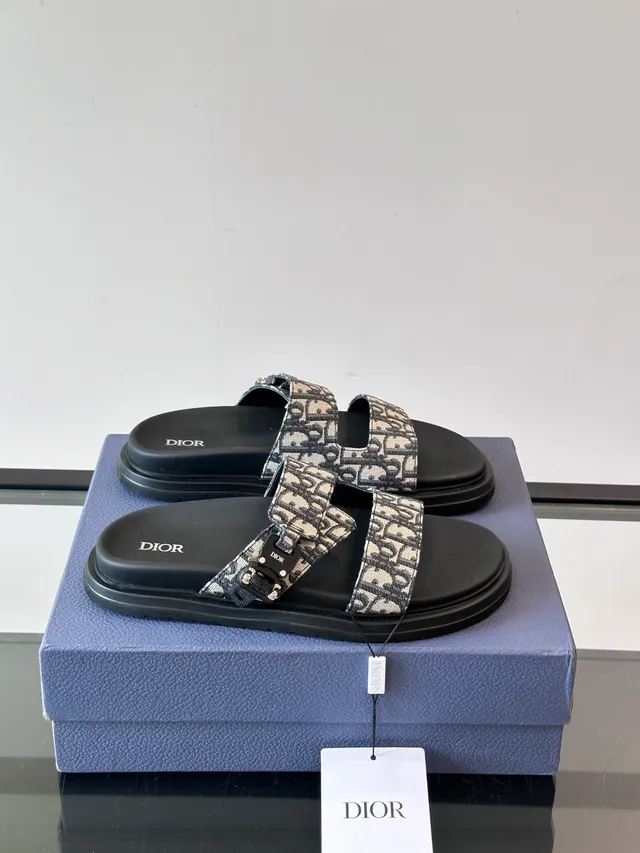 Dior sandales noires et beige à double bride coulissantes en jacquard oblique casual 15