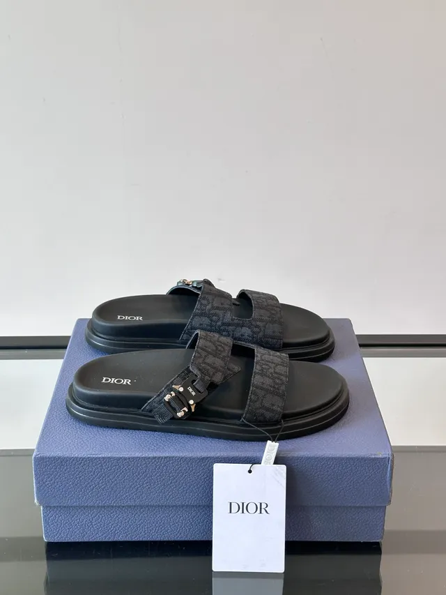Dior sandales noires et beige à double bride coulissantes en jacquard oblique casual 16