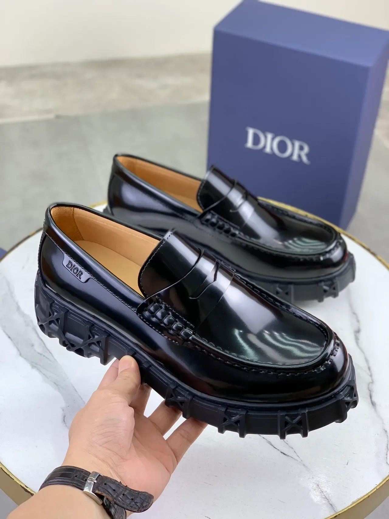 Dior Black Brown Glossy Patent Leather Penny Strap Loafer 4