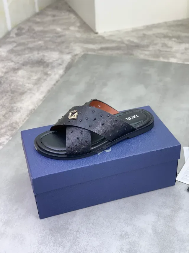 Dior Black Brown Ostrich-Textured Leather Crossed Straps Slippers 4