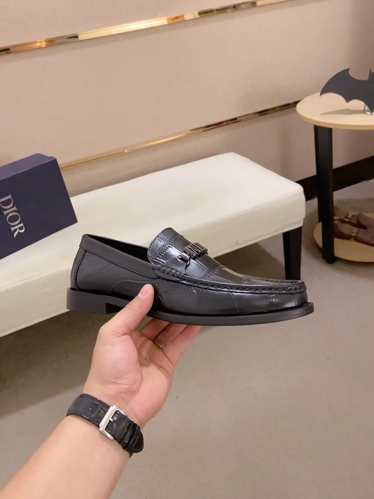 Dior Black Croc-Embossed Leather Metal Logo Strap Loafer 4