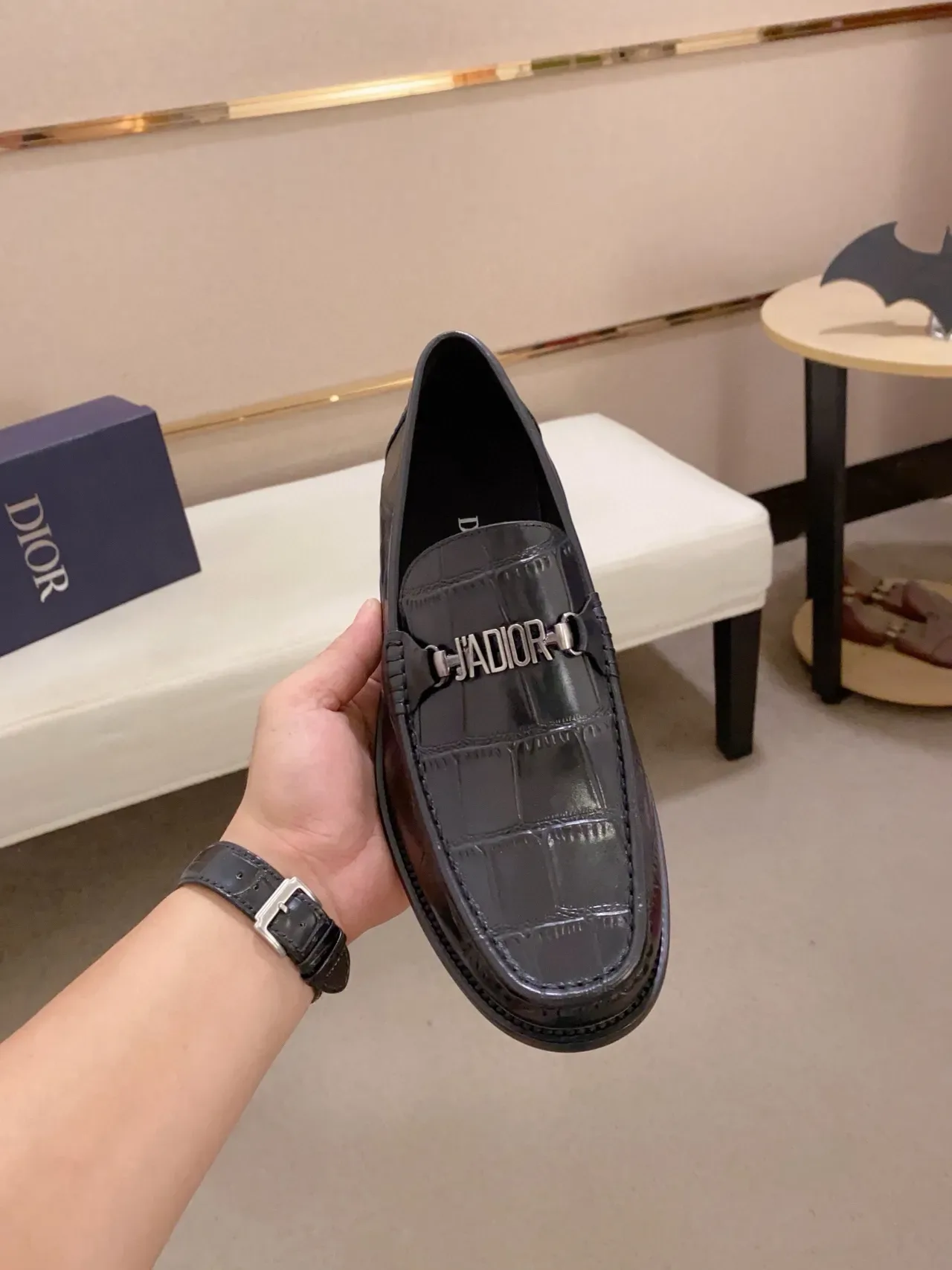 Dior Black Croc-Embossed Leather Metal Logo Strap Loafer 5