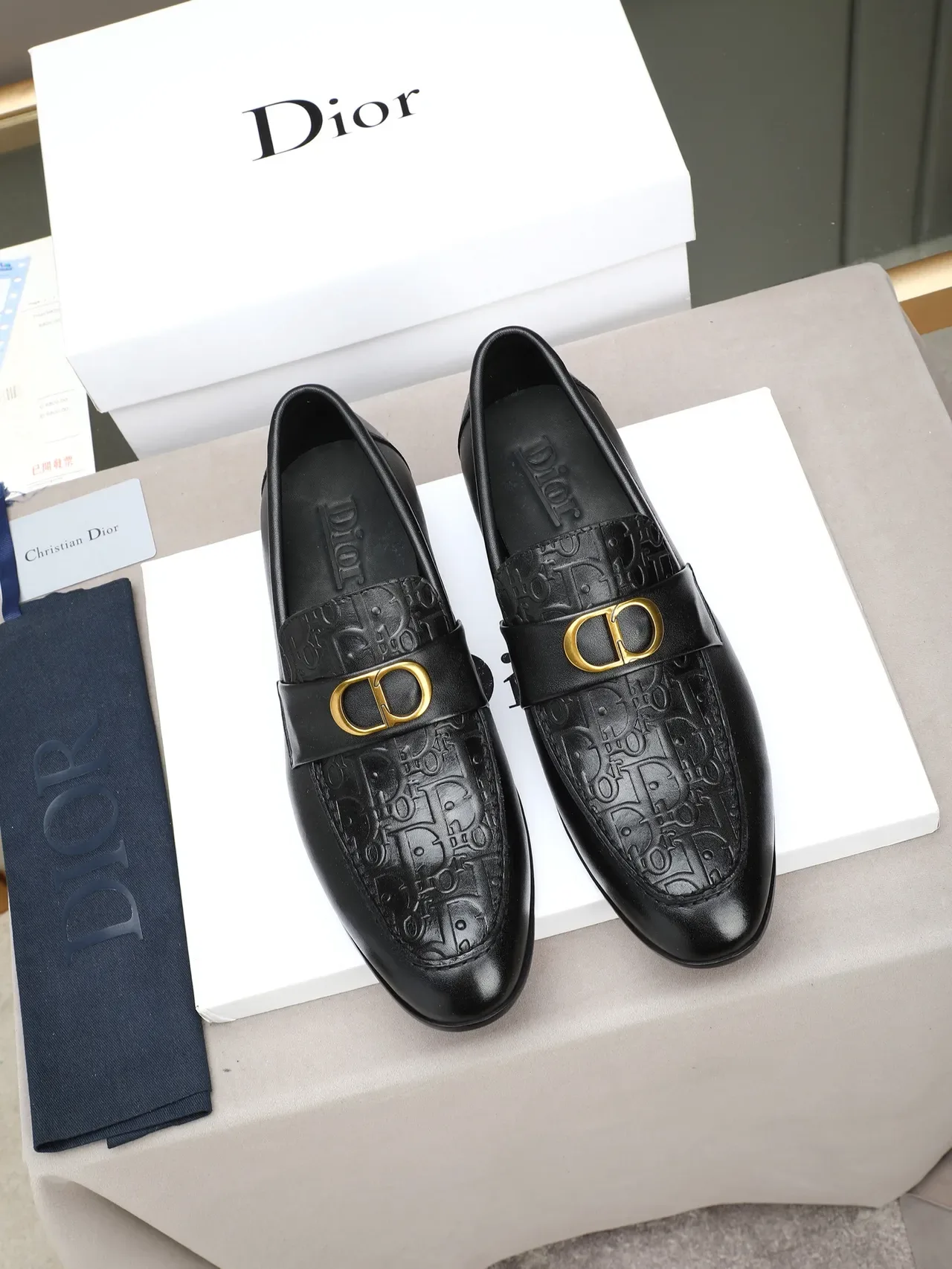 Dior Black Gold Leather Embossed Oblique Pattern Loafer 3