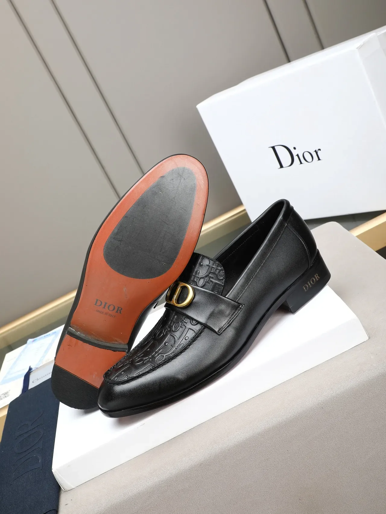 Dior Black Gold Leather Embossed Oblique Pattern Loafer 4