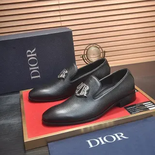 Dior Black Navy Pebbled Leather Metal CD Logo Hardware Loafer