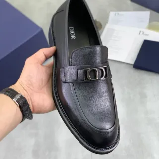 Dior Black Silver Pebbled Leather Metal CD Buckle Strap Loafer
