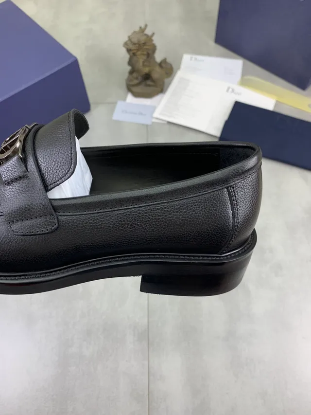 Dior Black Silver Pebbled Leather Metal CD Buckle Strap Loafer 4