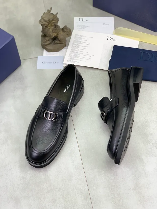 Dior Black Silver Pebbled Leather Metal CD Buckle Strap Loafer 5