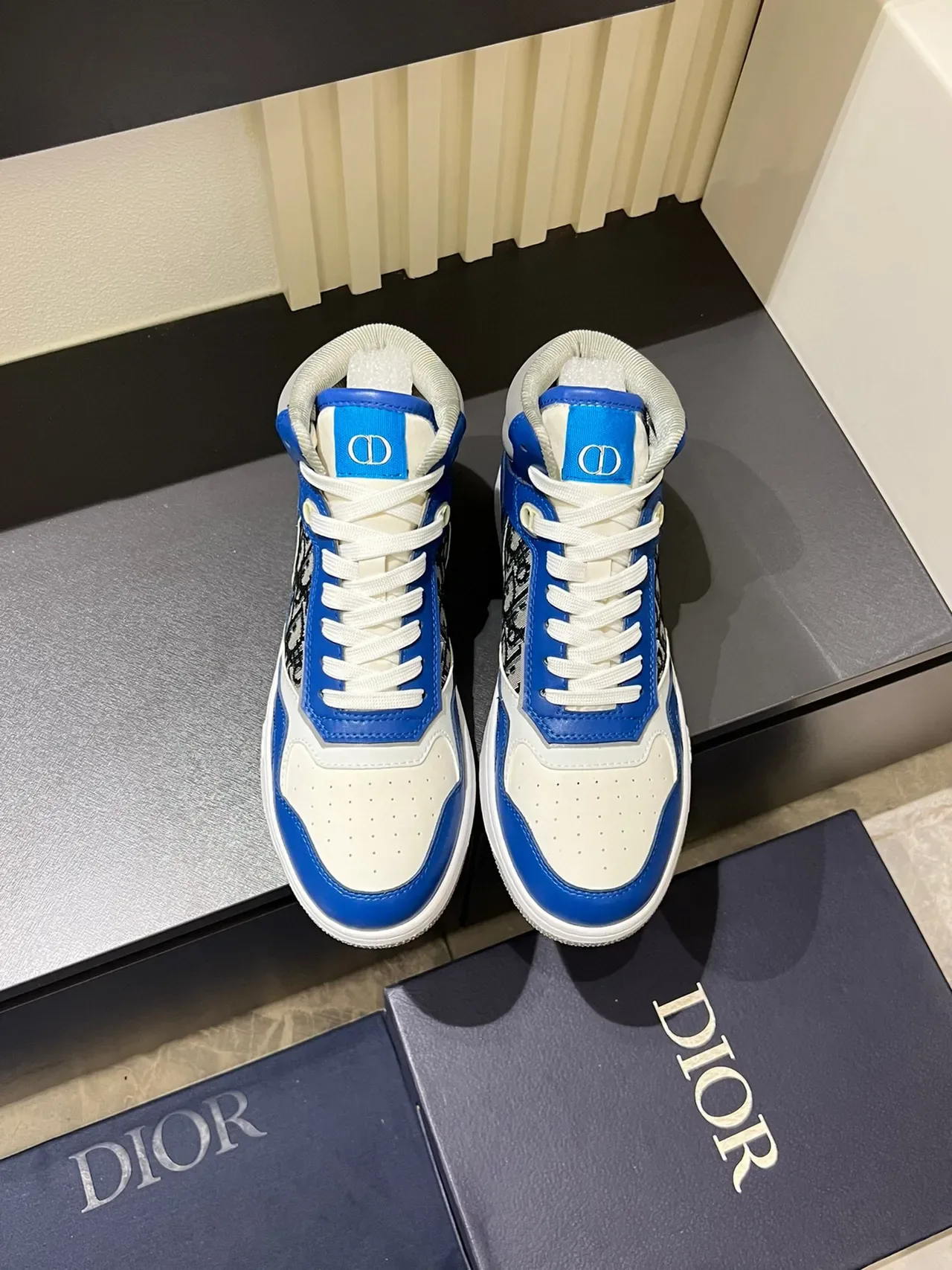 Dior Blue White High-Top Leather And Monogram Fabric Lifestyle Sneakers 2