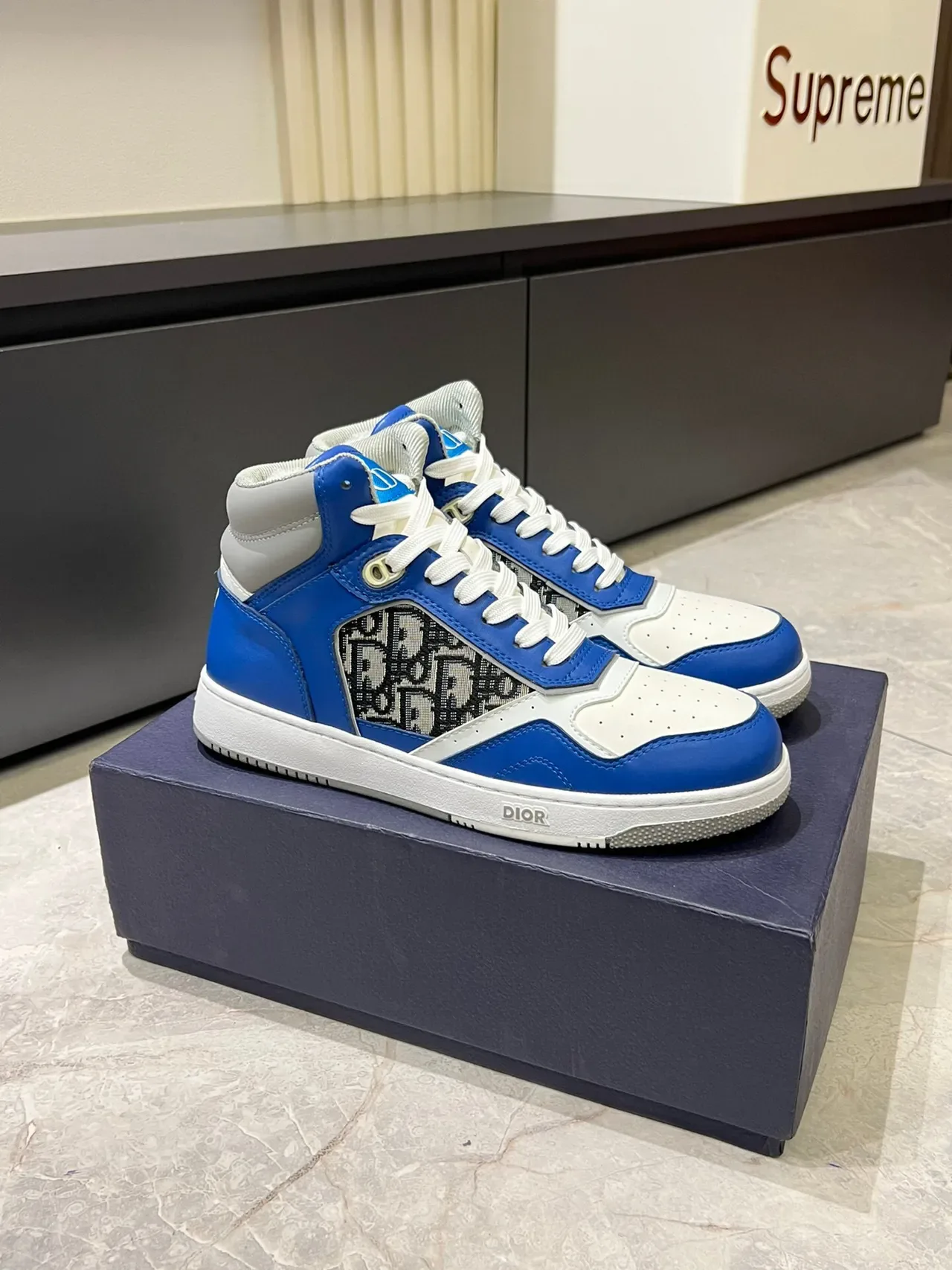 Dior Blue White High-Top Leather And Monogram Fabric Lifestyle Sneakers 3