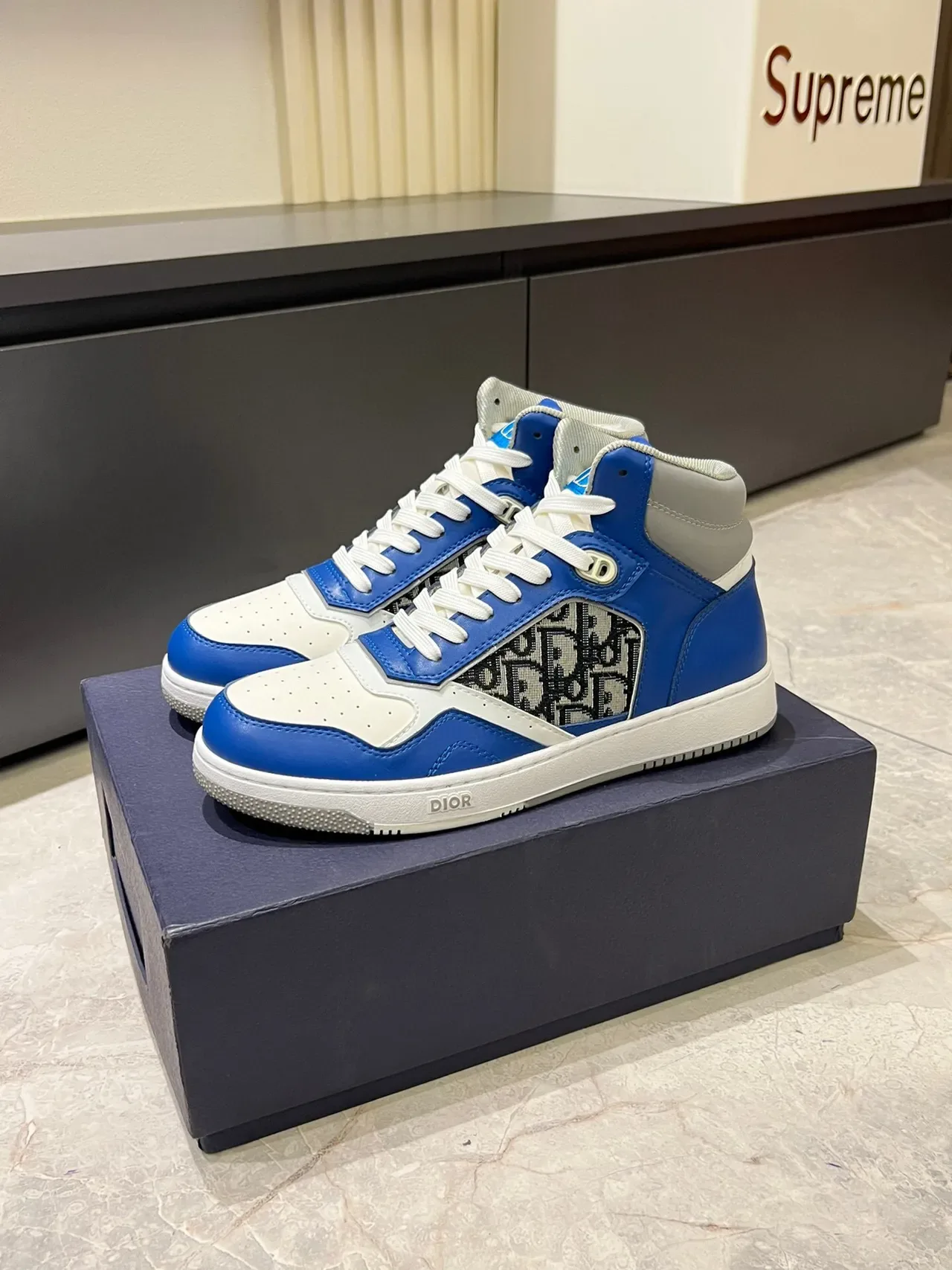 Dior Blue White High-Top Leather And Monogram Fabric Lifestyle Sneakers 4