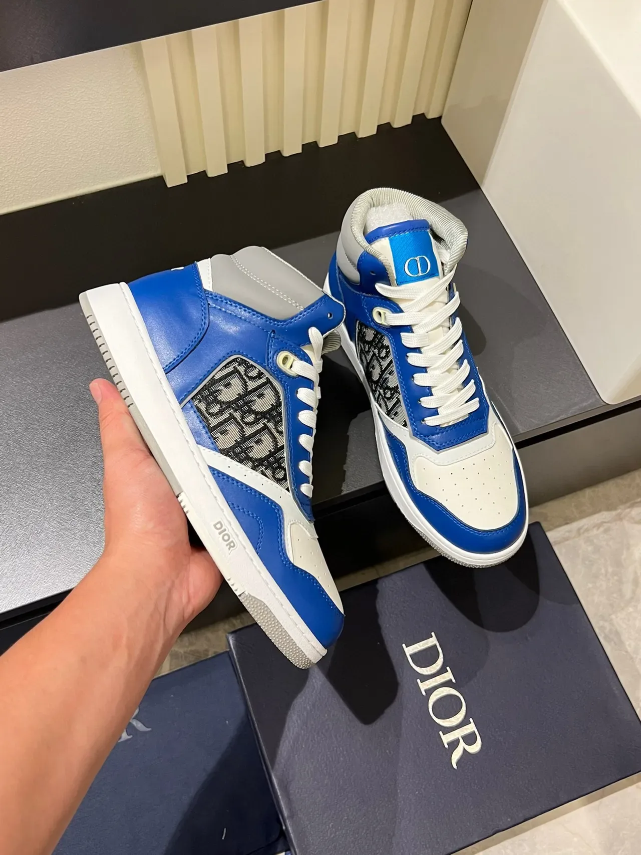 Dior Blue White High-Top Leather And Monogram Fabric Lifestyle Sneakers 5