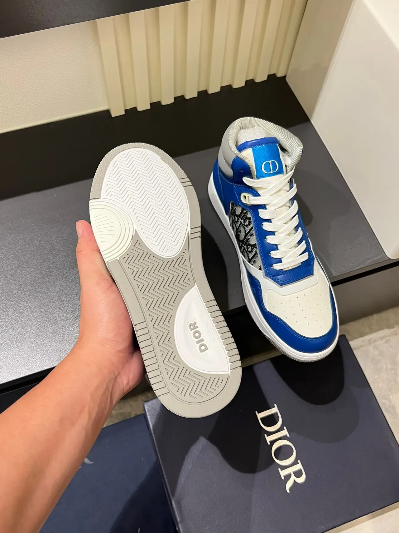 Dior Blue White High-Top Leather And Monogram Fabric Lifestyle Sneakers 6