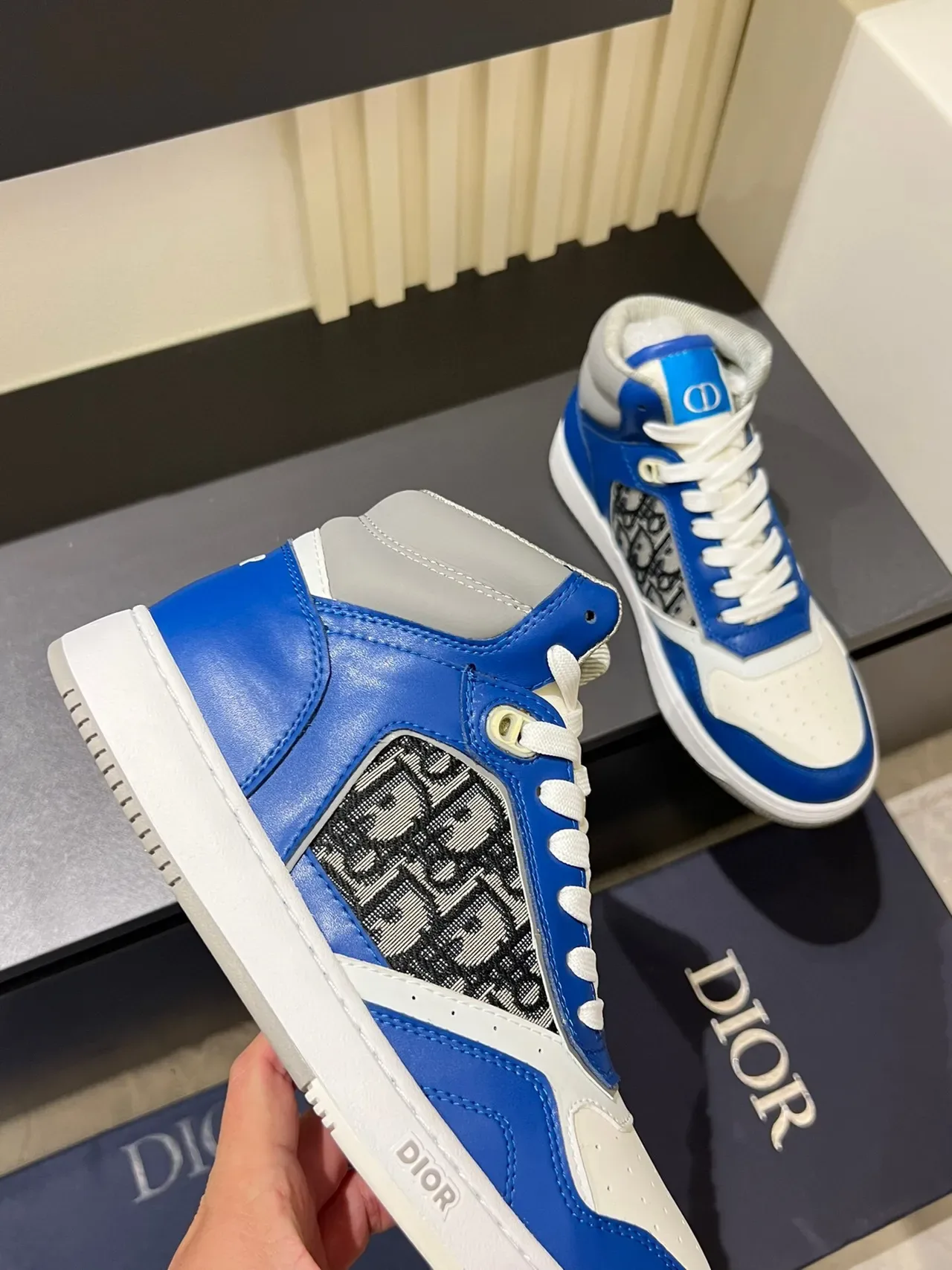 Dior Blue White High-Top Leather And Monogram Fabric Lifestyle Sneakers 7
