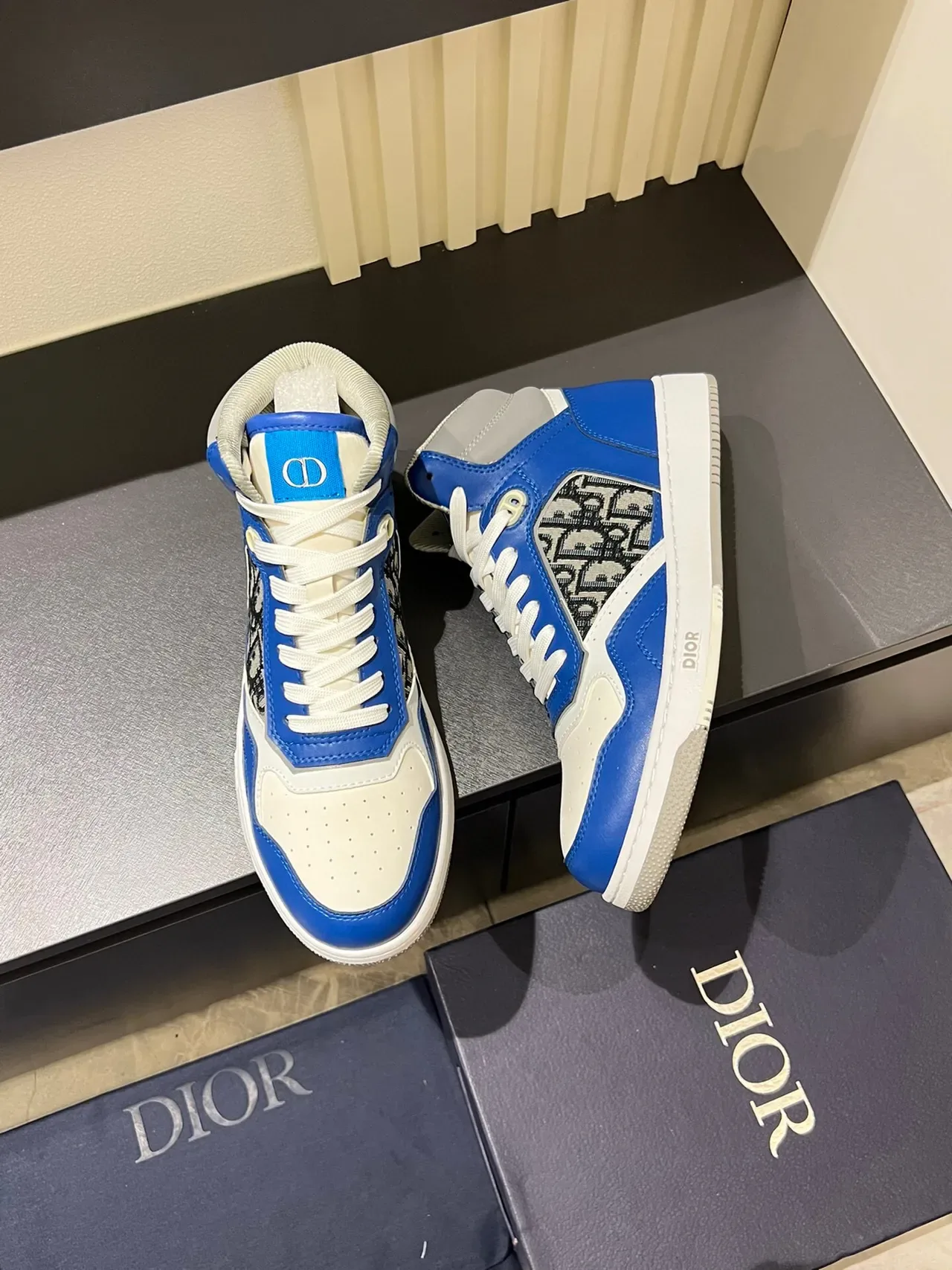 Dior Blue White High-Top Leather And Monogram Fabric Lifestyle Sneakers 8