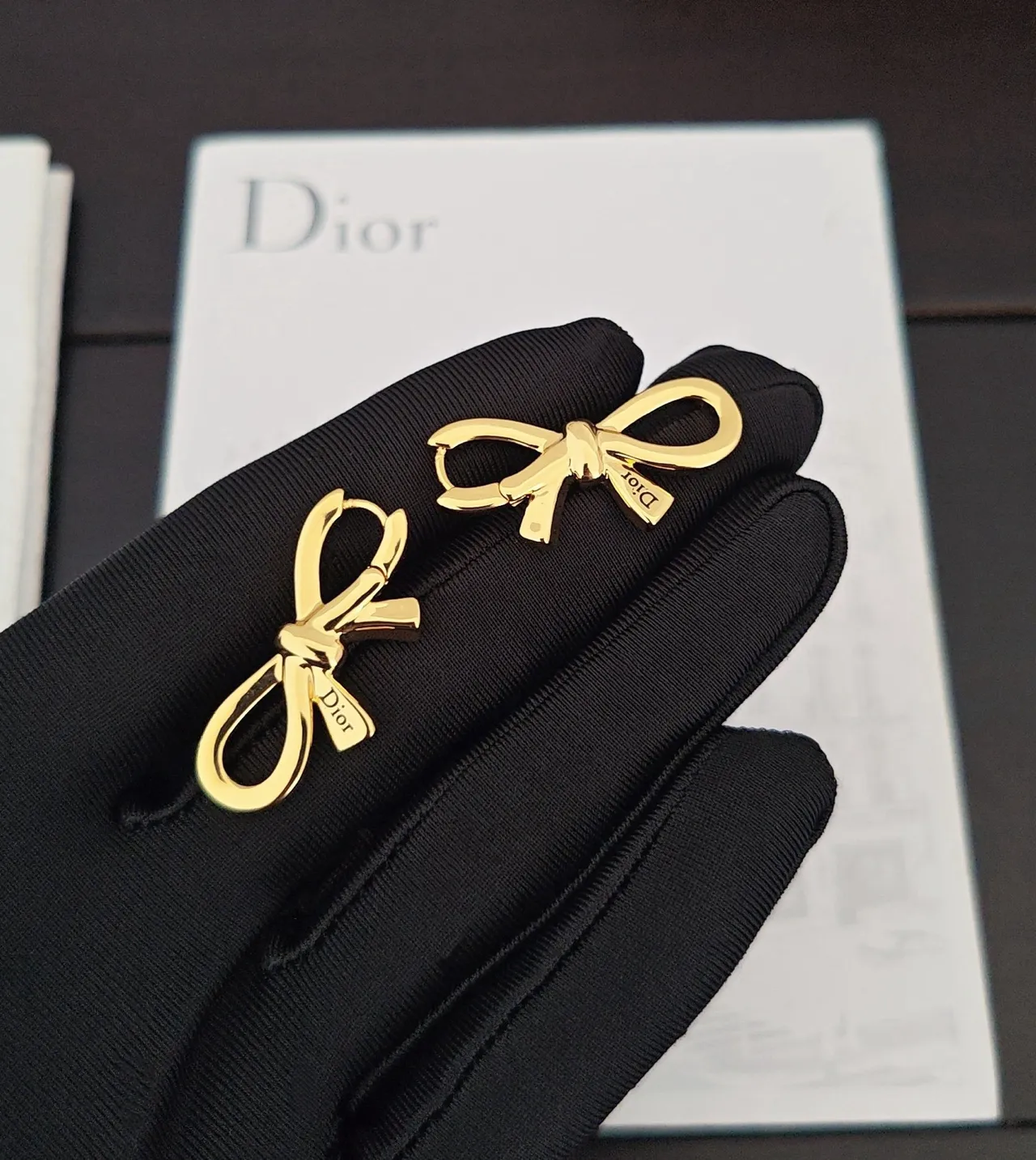 Dior Bow Gold Gray Silhouette Polished Metal Finish Earrings 2
