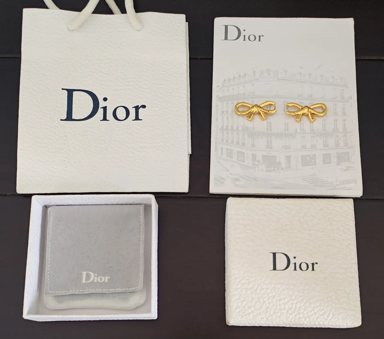 Dior Bow Gold Gray Silhouette Polished Metal Finish Earrings 4