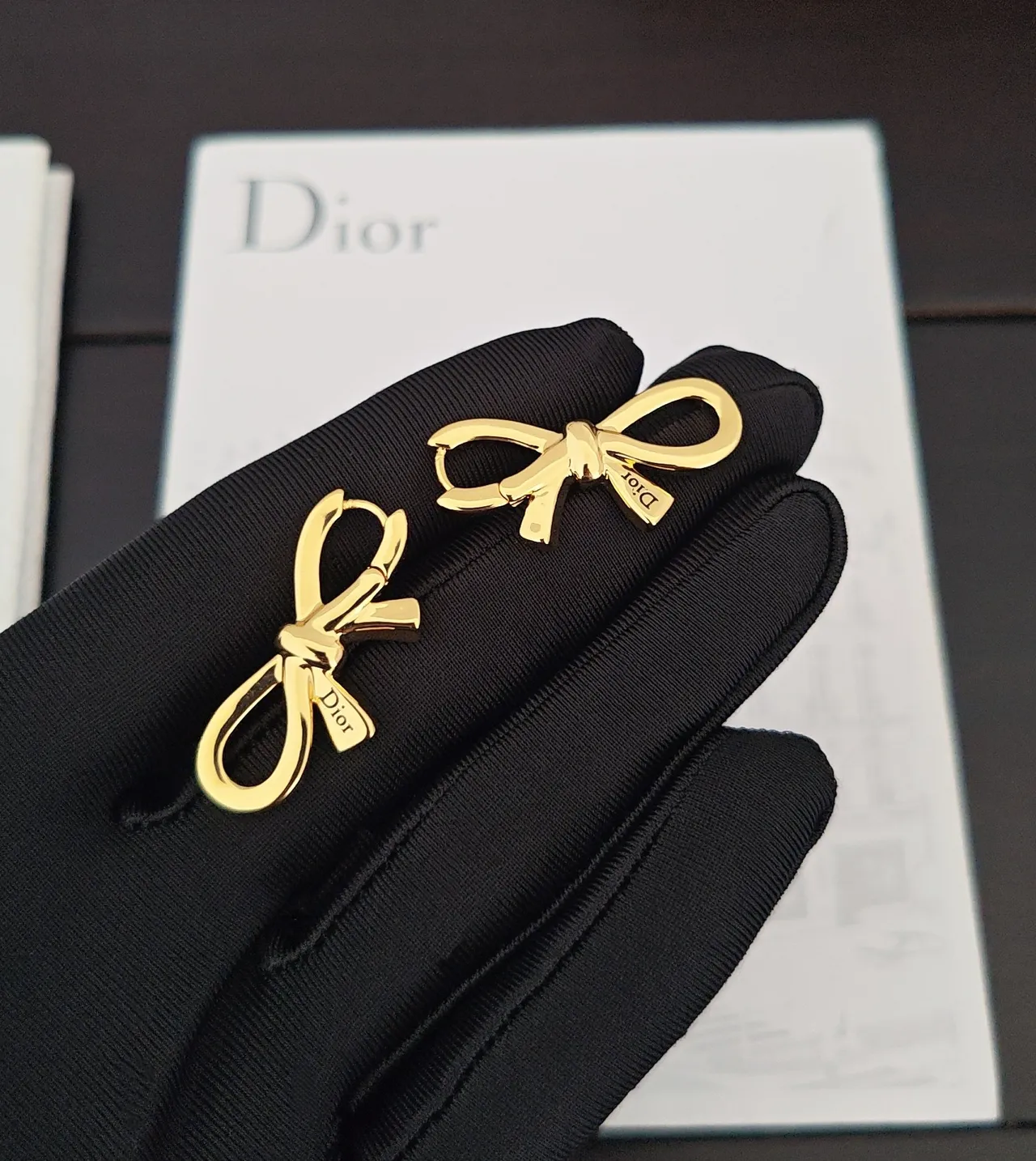 Dior Bow Gold Gray Silhouette Polished Metal Finish Earrings 5