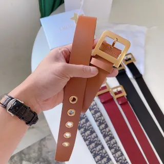 Dior Brown Gold Square Buckle Five Aligned Grommets Leather Belt