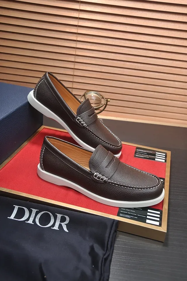 Dior Brown White Pebbled Leather Penny Strap Loafer 4