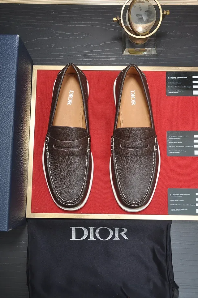 Dior Brown White Pebbled Leather Penny Strap Loafer 5