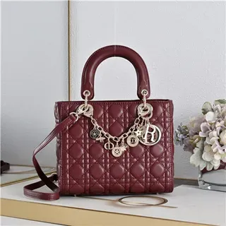 Dior Burgundy Gold Quilted Cannage Leather Charm Chain Embellishment Tote Bag