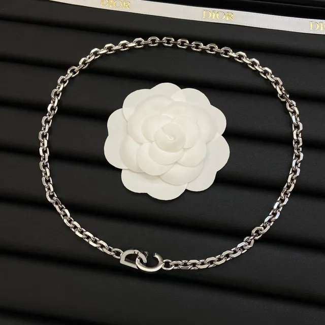 Dior Camellia Chain Silver White Curb Resin Motif Necklace 6