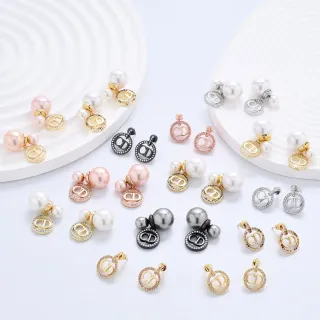 Dior Gold Pink Circular CD Logo Pearl Accent Earrings