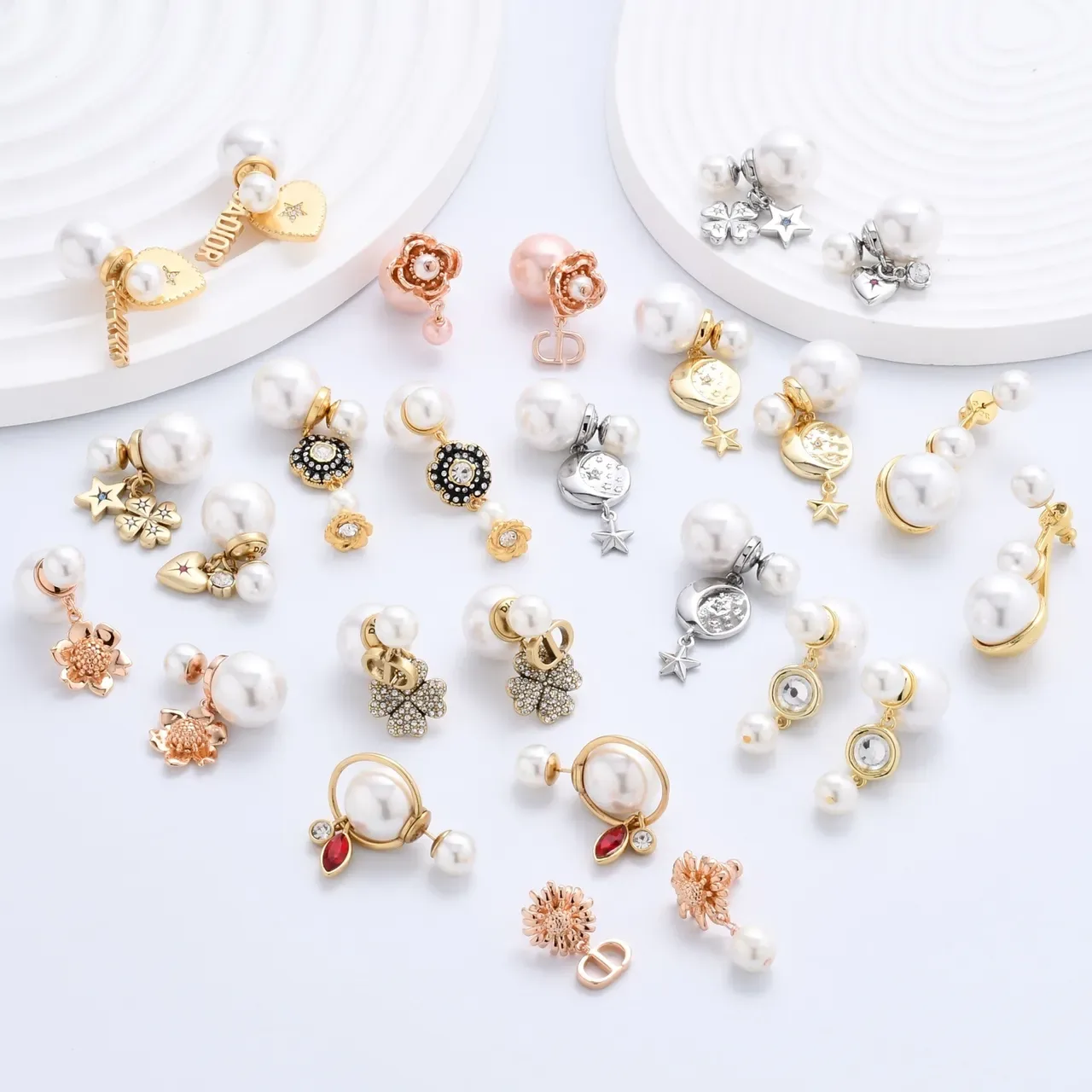Dior Gold Pink Circular CD Logo Pearl Accent Earrings 2