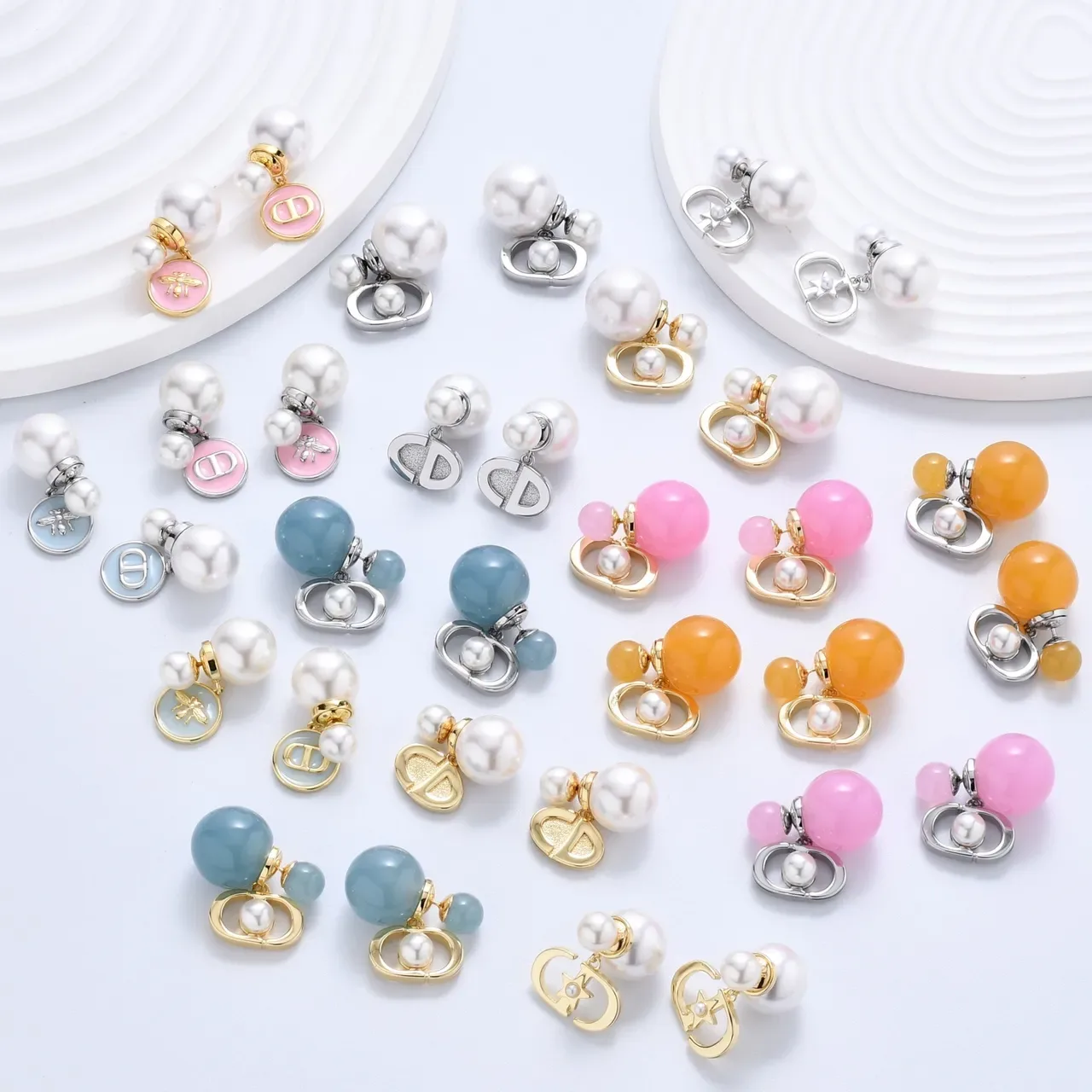 Dior Gold Pink Circular CD Logo Pearl Accent Earrings 5