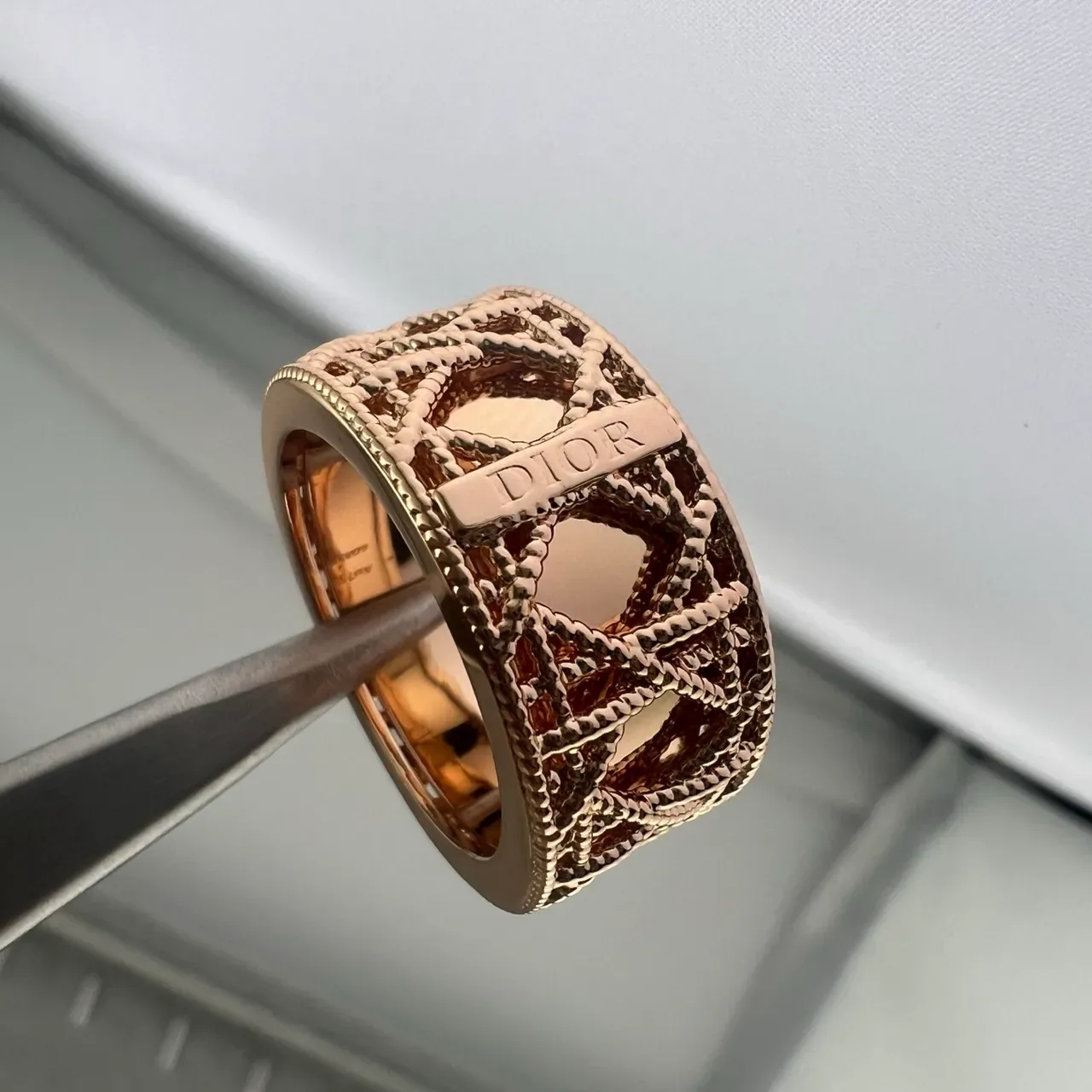 Dior Gold Silver Openwork Lattice Engraved Plaque Ring 3