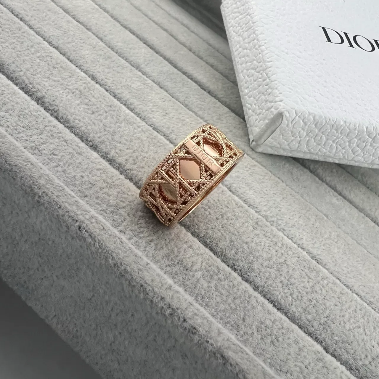 Dior Gold Silver Openwork Lattice Engraved Plaque Ring 4
