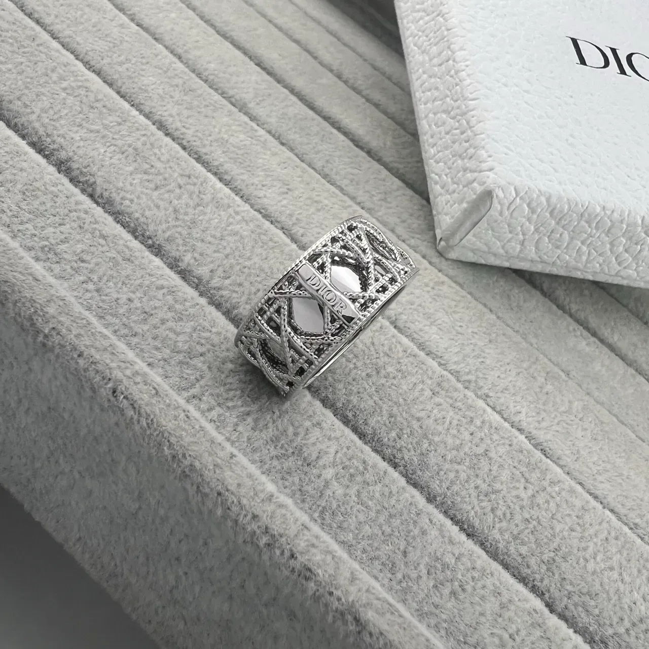 Dior Gold Silver Openwork Lattice Engraved Plaque Ring 5
