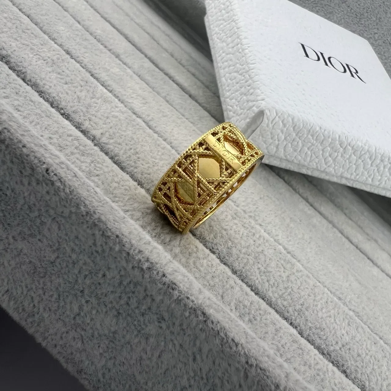 Dior Gold Silver Openwork Lattice Engraved Plaque Ring 6