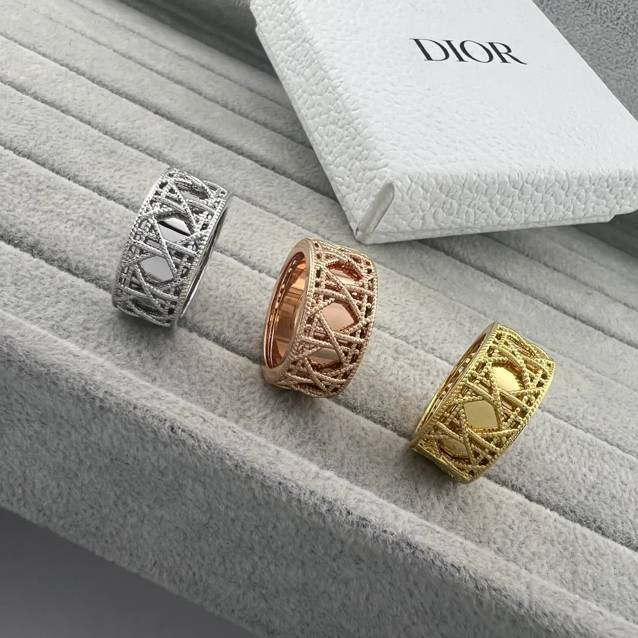 Dior Gold Silver Openwork Lattice Engraved Plaque Ring 7