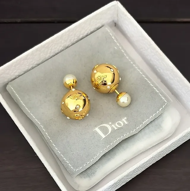 Dior Gold-Tone Pearl-Top Engraved Sphere Earrings 2