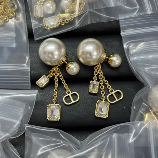 Dior Gold White Double-Pearl Stud Chain-Dangle Earrings