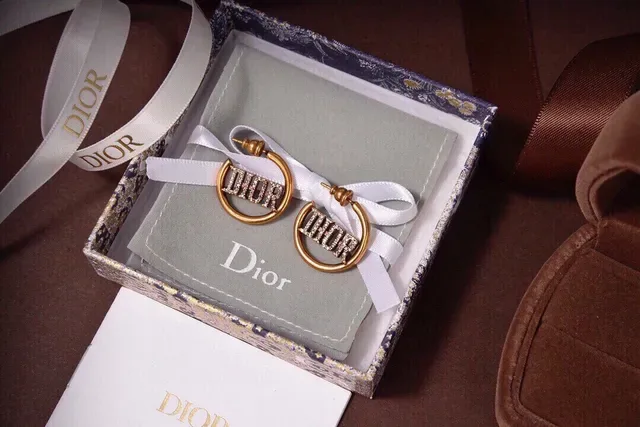 Dior Gold White Hoop Crystal-Embellished Logo Earrings 2