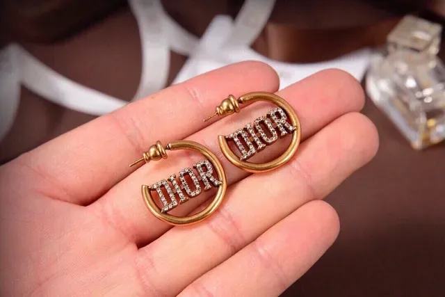 Dior Gold White Hoop Crystal-Embellished Logo Earrings 4