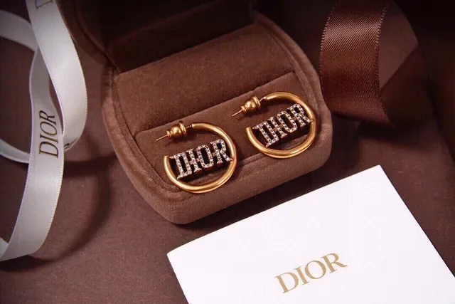 Dior Gold White Hoop Crystal-Embellished Logo Earrings 5