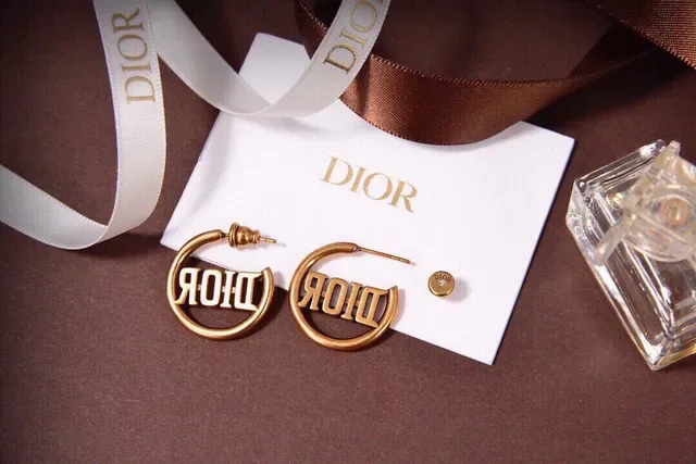 Dior Gold White Hoop Crystal-Embellished Logo Earrings 6