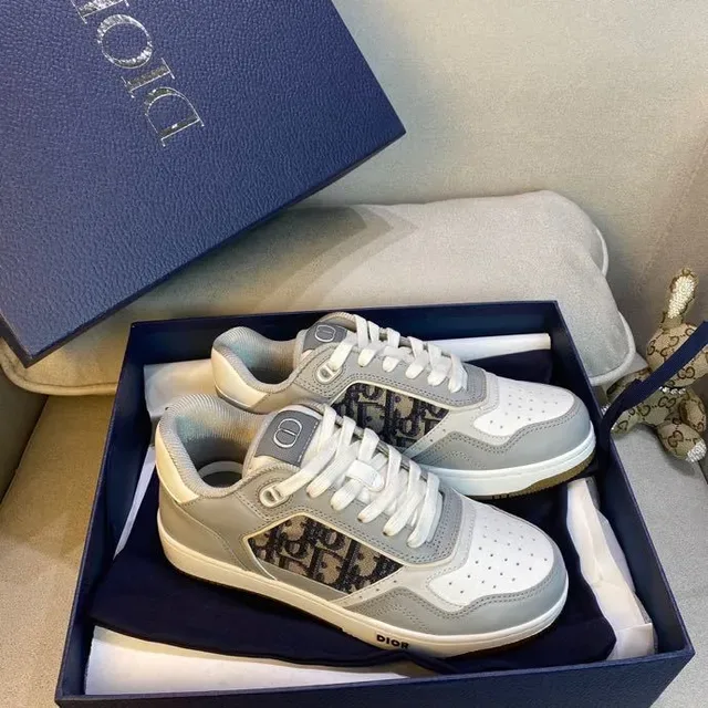Dior Gray White Low-Top Monogram Panel Lifestyle Sneakers 9